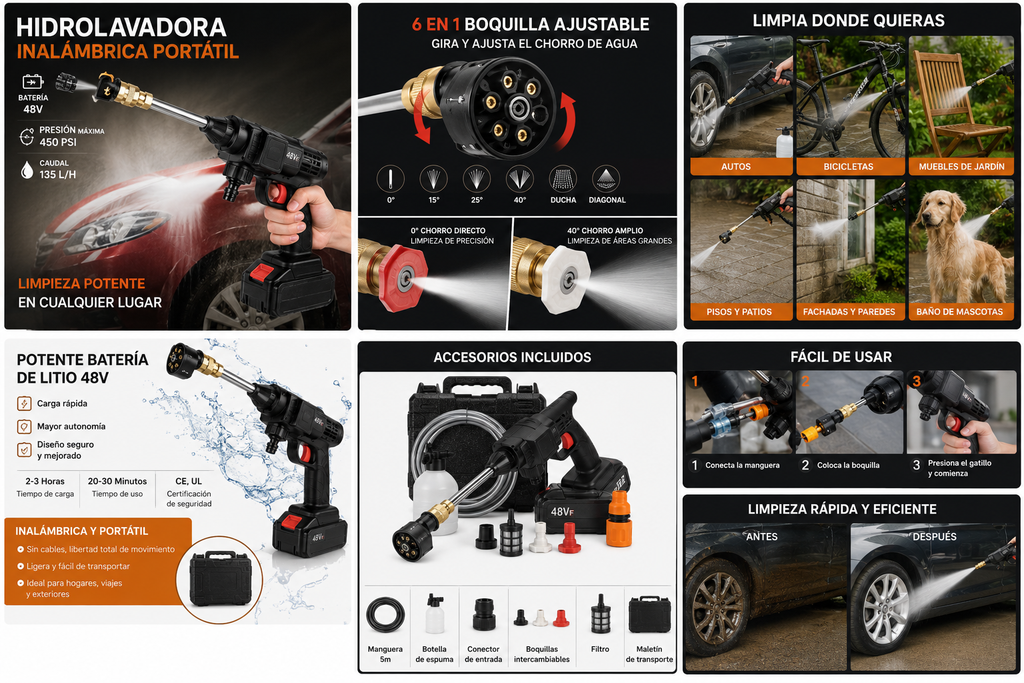 PowerClean Pro 6X | Hidrolavadora Inalámbrica + Mini Aspiradora Multifuncional 2 en 1